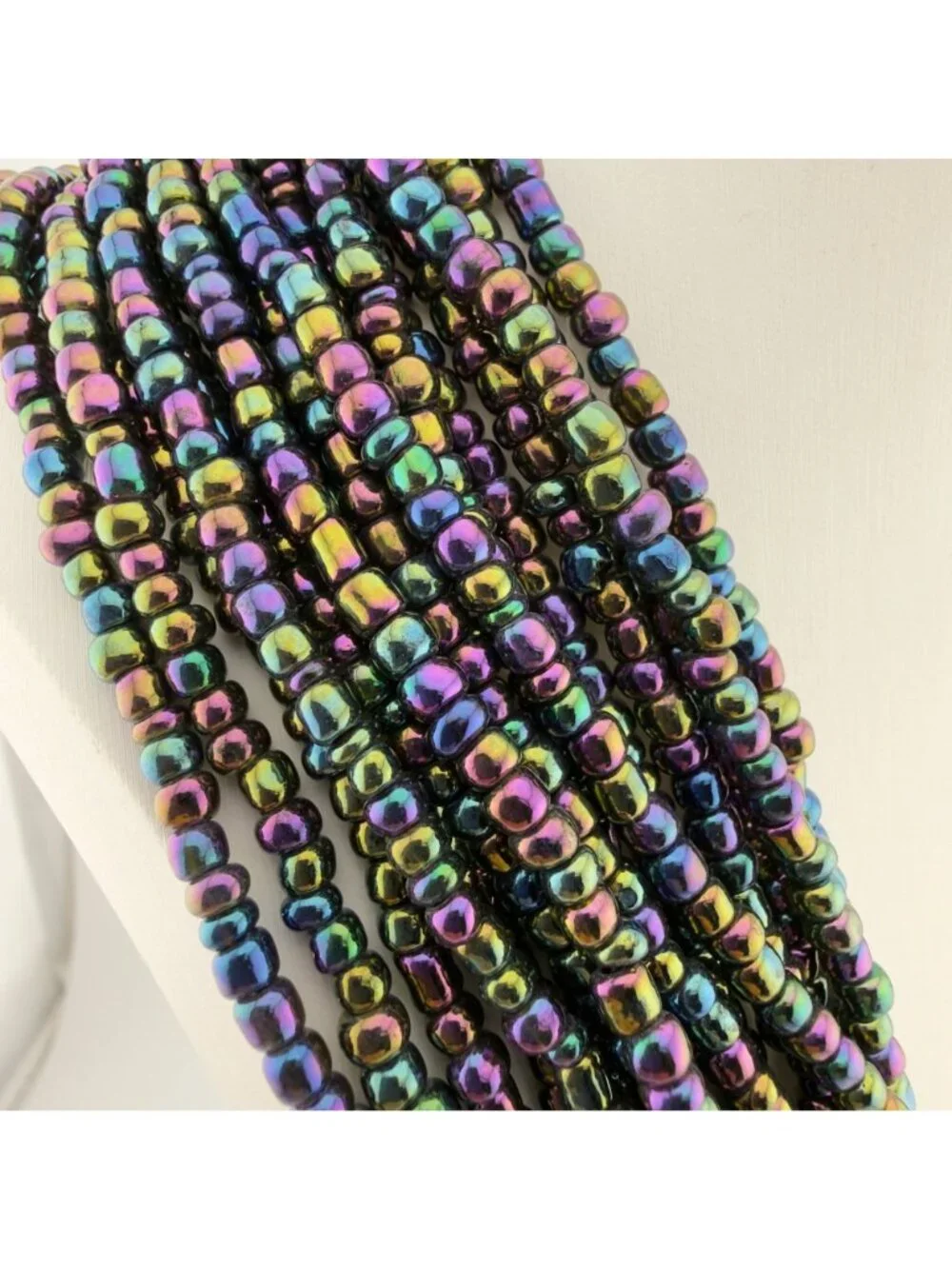 Multicolor Glass Seed Bead Layered Statement Bib Necklace Oil Slick Peacock